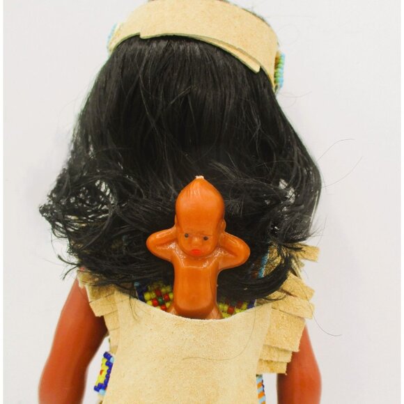 Vintage Native American Doll W/ Beaded Outfit & Papoose Baby 11" Faux Suede Frin - Picture 2 of 4